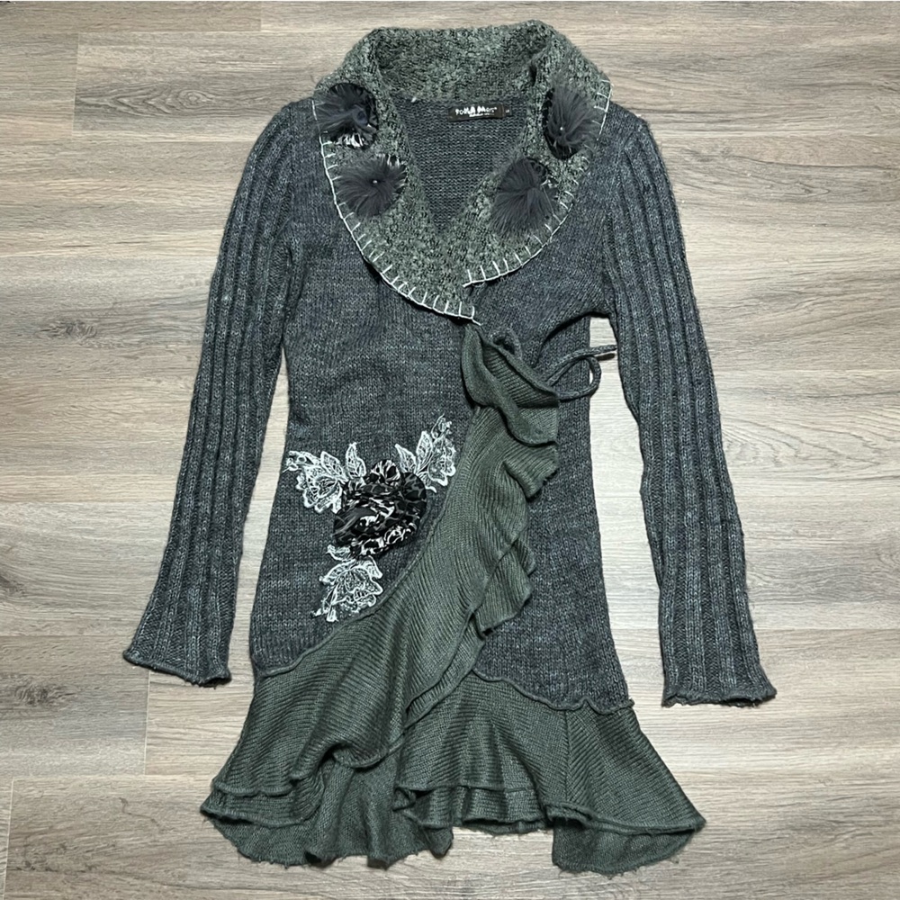 Forla Paris Small Cardigan Duster Gray Embroidered Poms Floral Mohair Whimsigoth